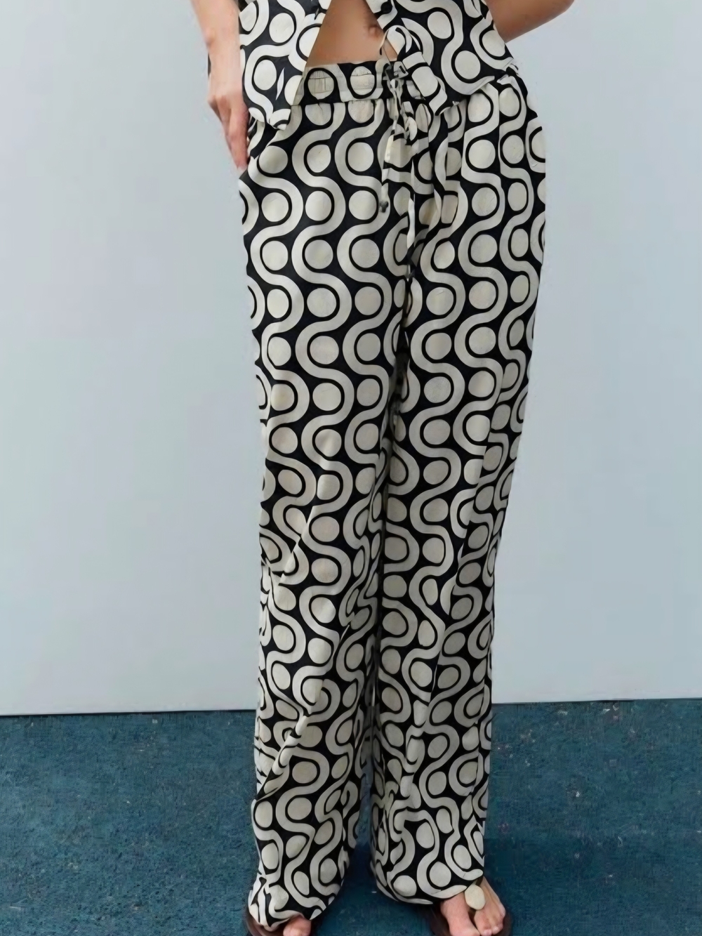 ZARA Geometric Print Straight Leg Pants - Black & Cream